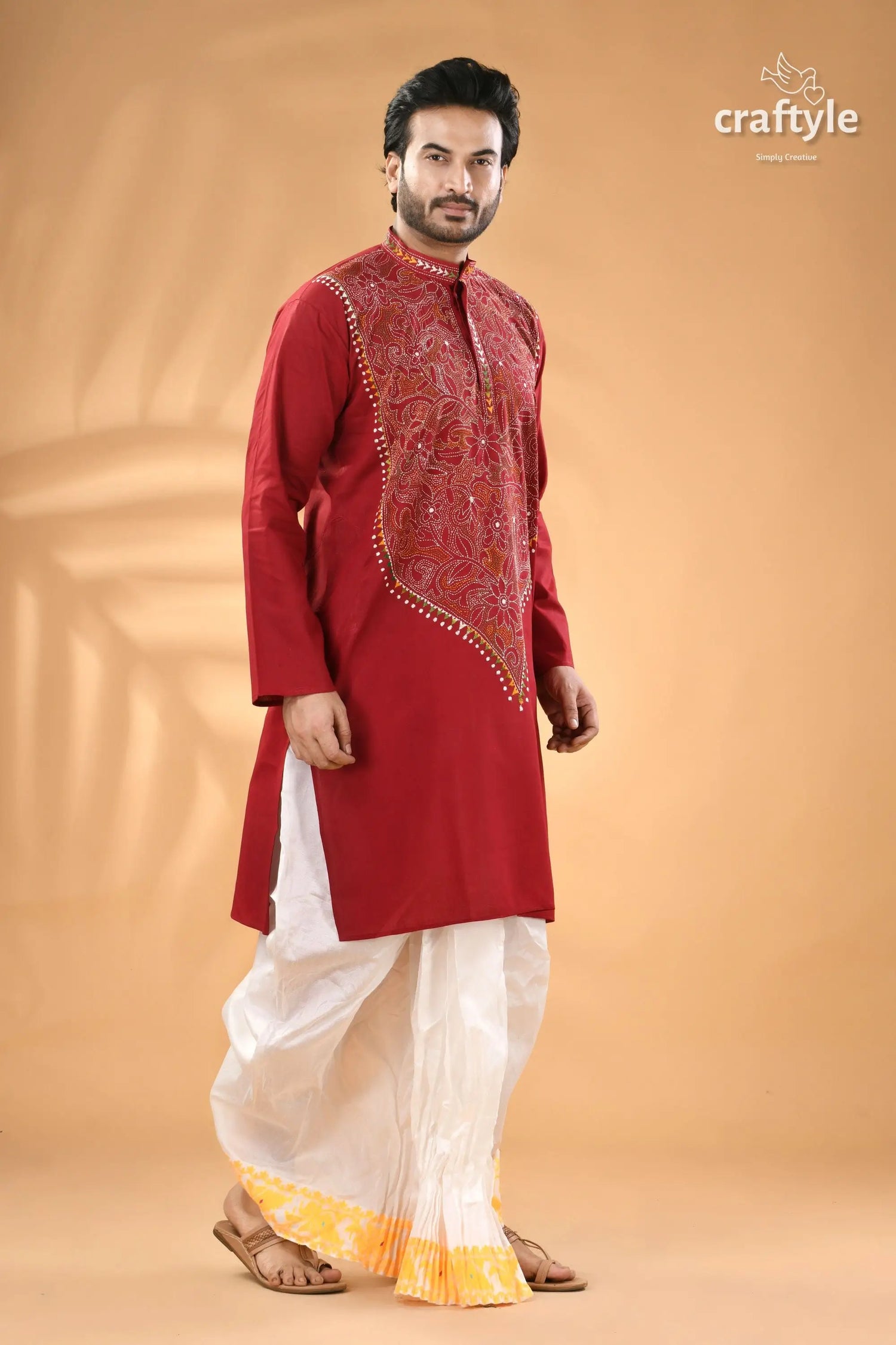 Maroon kantha work mens cotton ethnic punjabi reverse stitch men’s red embroidered kurta white 3