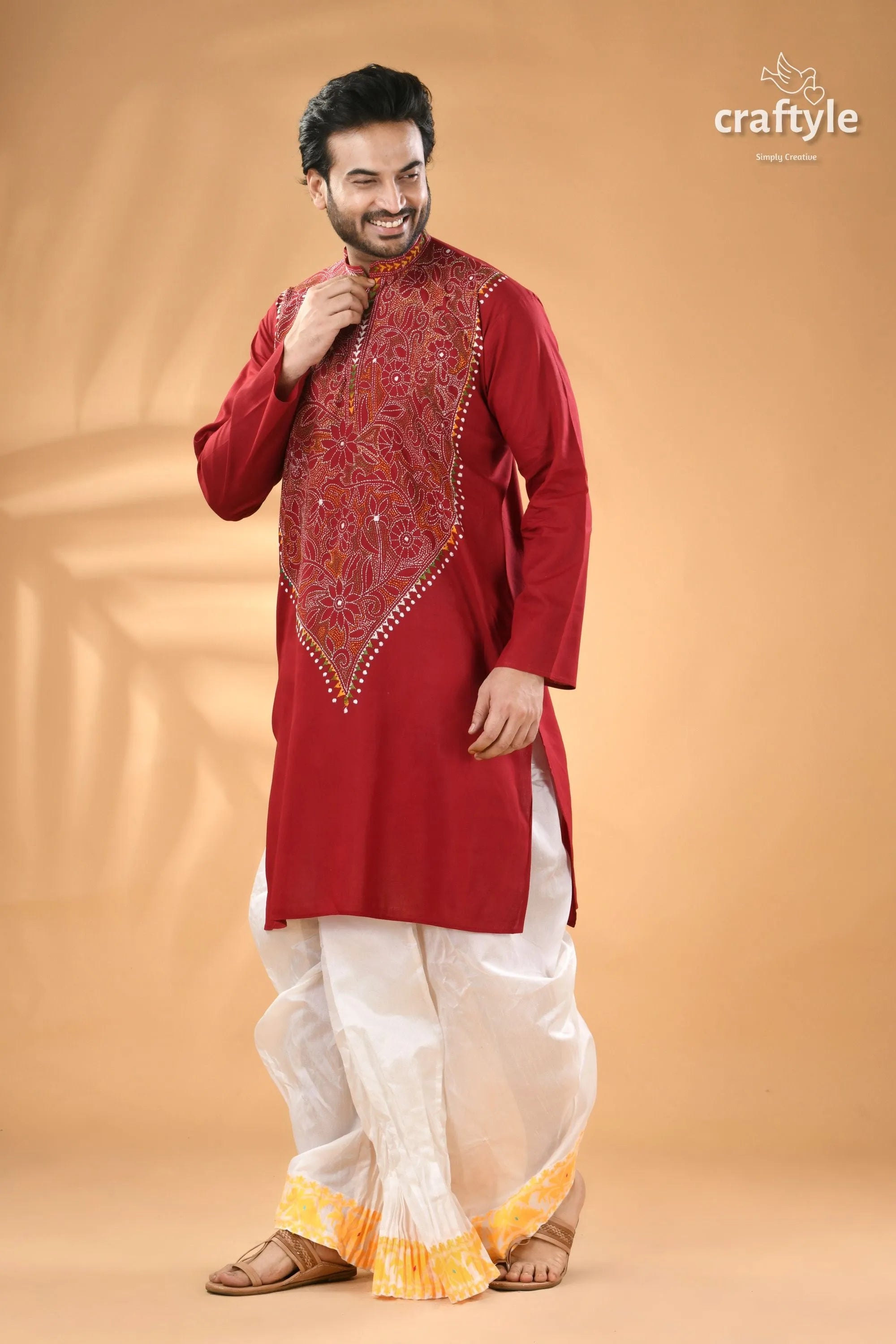 Maroon kantha work mens cotton ethnic punjabi - reverse stitch men’s red embroidered long-sleeve kurta 4