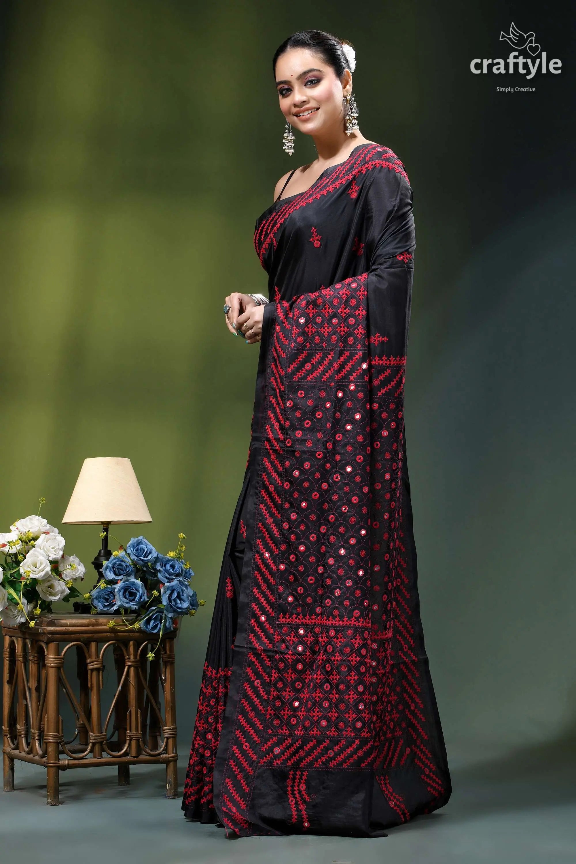 Maroon thread kutch embroidered silk saree in black - mirror work black sari intricate red embroidery 3