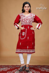 Maroon white thread work kantha cotton kurti for women red embroidered kurta 1