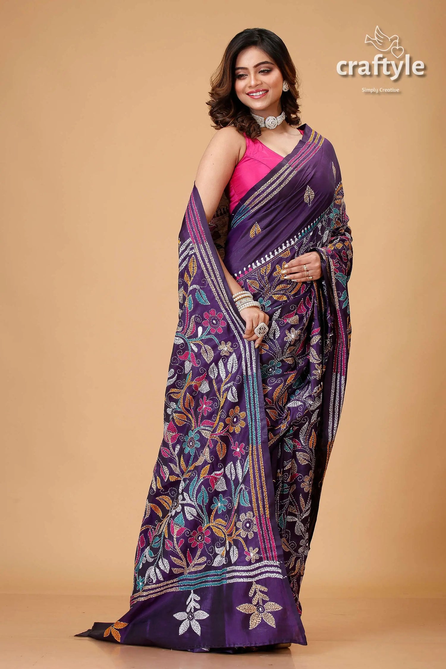 Martinique purple multithread floral silk kantha saree purple floral embroidered saree 4