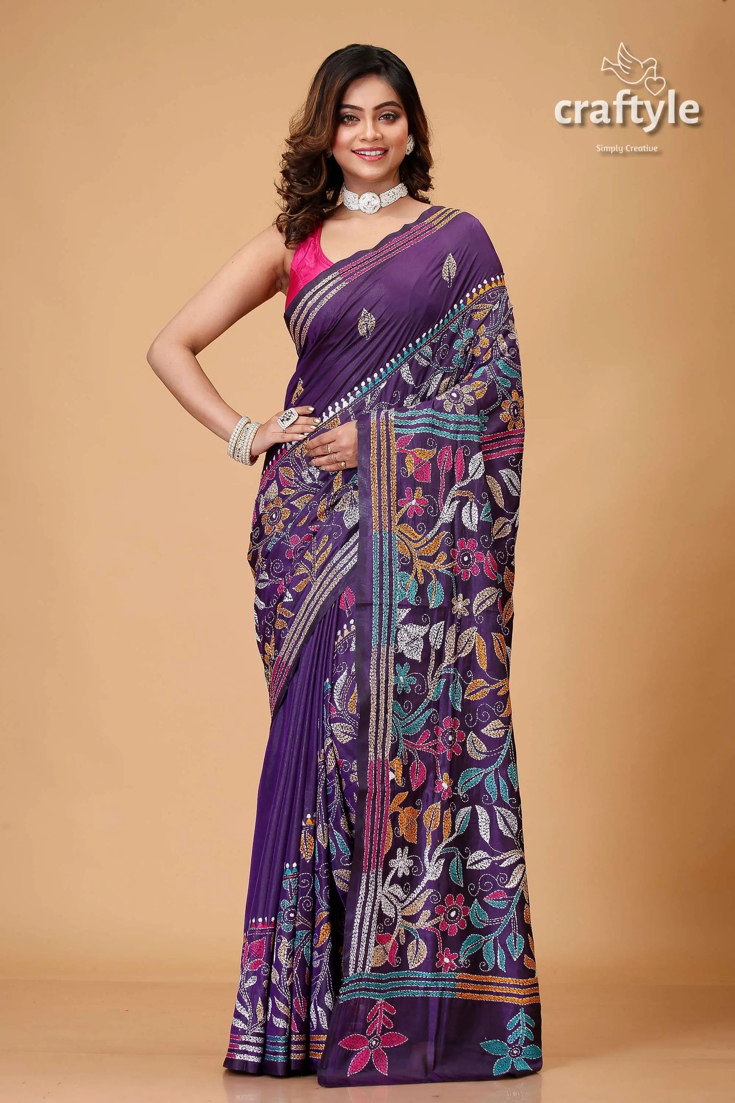 Martinique purple multithread floral silk kantha saree woman purple floral saree 1