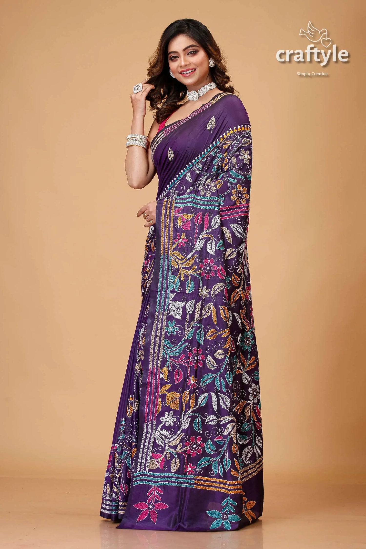 Martinique purple multithread floral silk kantha saree purple floral embroidered saree 3