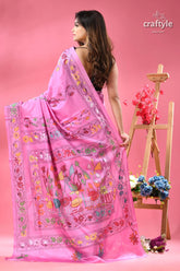 Mauve elegant silk kantha stitch saree in lotus design woman pink silk saree colorful 5