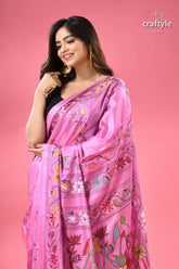 Mauve elegant silk kantha stitch saree in lotus design woman pink saree intricate colorful 2