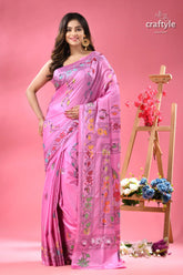 Mauve elegant silk kantha stitch saree in lotus design vibrant pink silk saree colorful 1