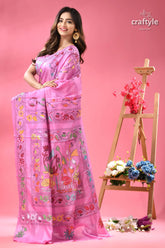 Mauve elegant silk kantha stitch saree in lotus design beautiful pink silk saree colorful 3