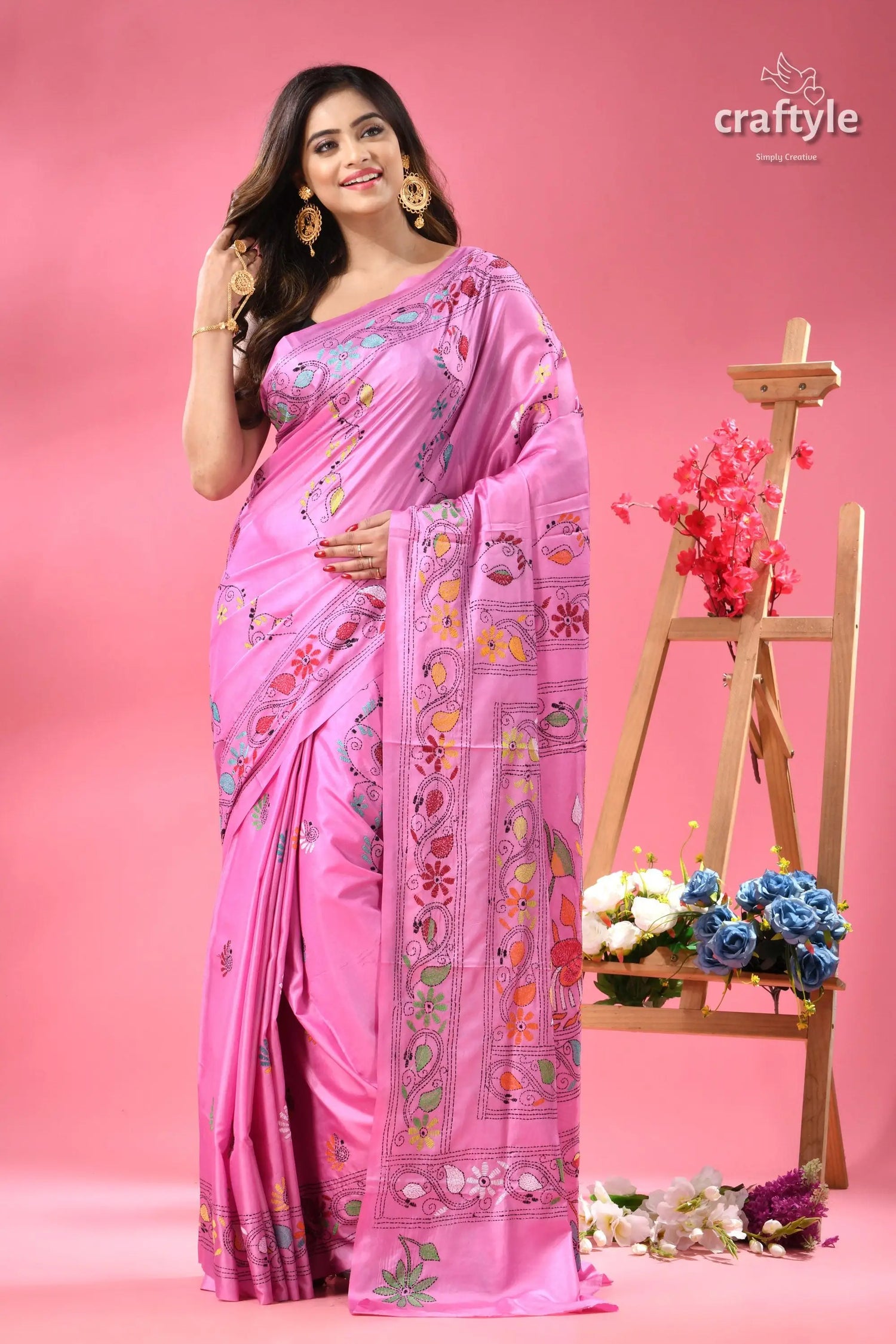 Mauve elegant silk kantha stitch saree in lotus design pink saree colorful floral embroidery 7