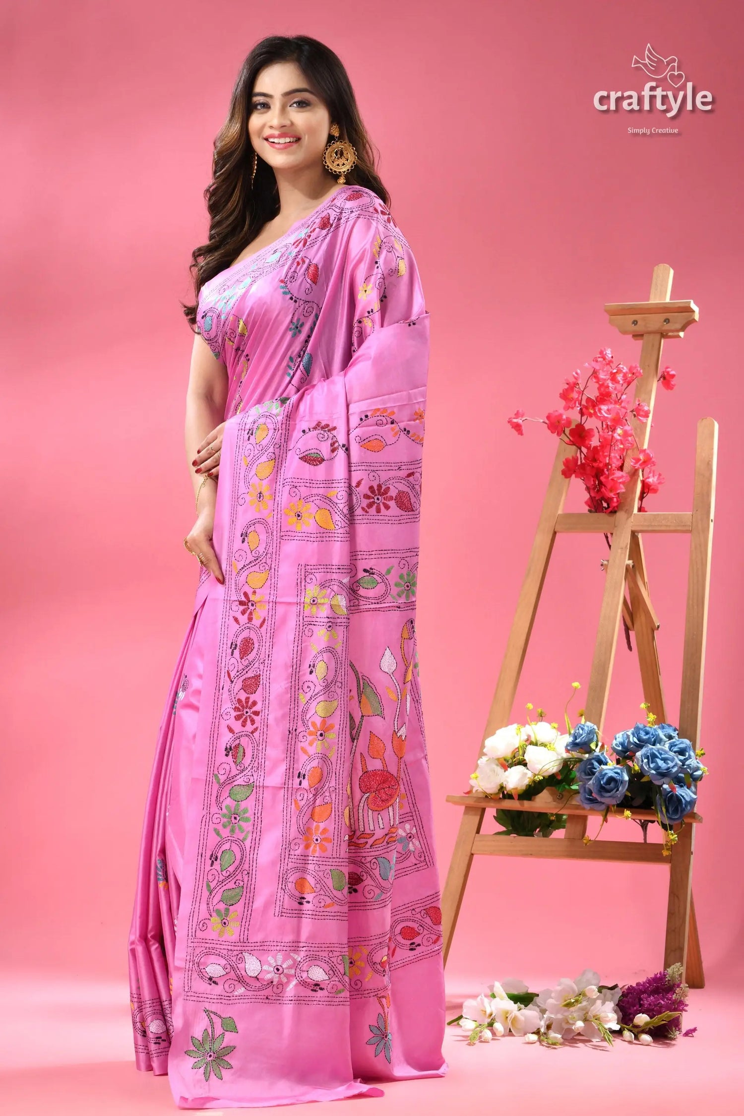 Mauve elegant silk kantha stitch saree in lotus design pink silk saree colorful intricate 6