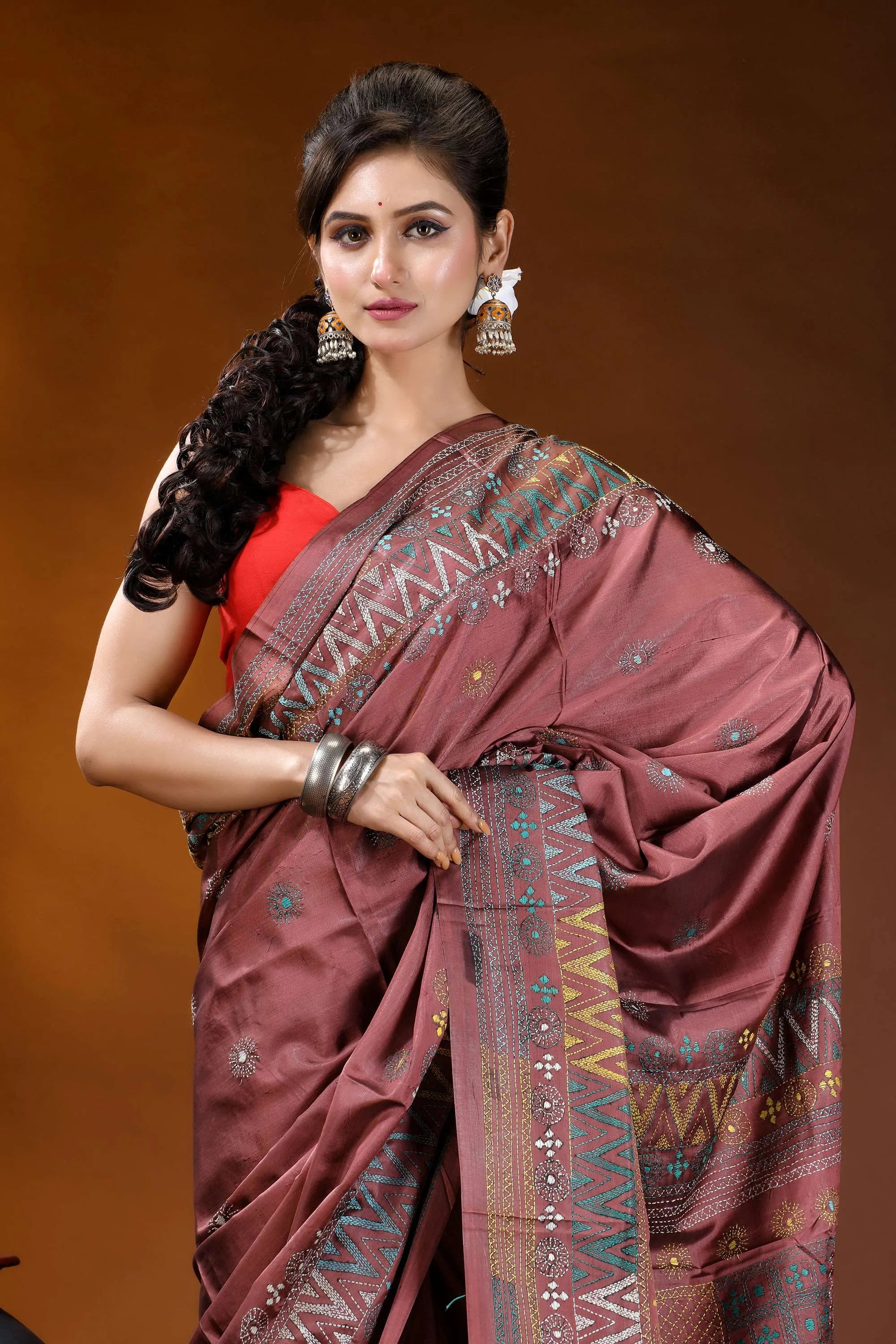 Mauve geometric design silk lambani embroidery saree - handmade maroon silk saree intricate geometric 2