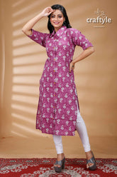 Mauve pure cotton ajrakh printed kurti for women woman patterned pink kurta white 4