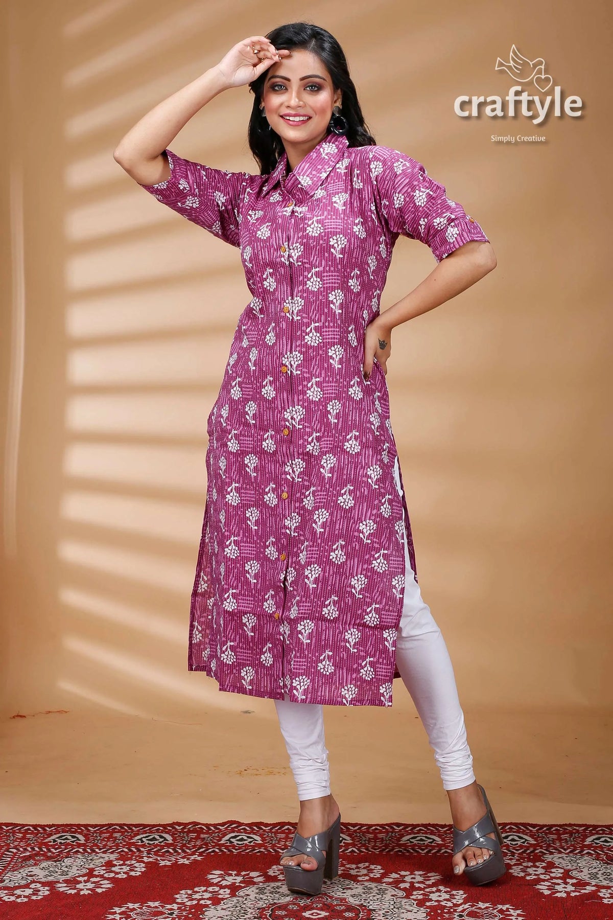 Mauve pure cotton ajrakh printed kurti for women woman patterned pink kurta white 4