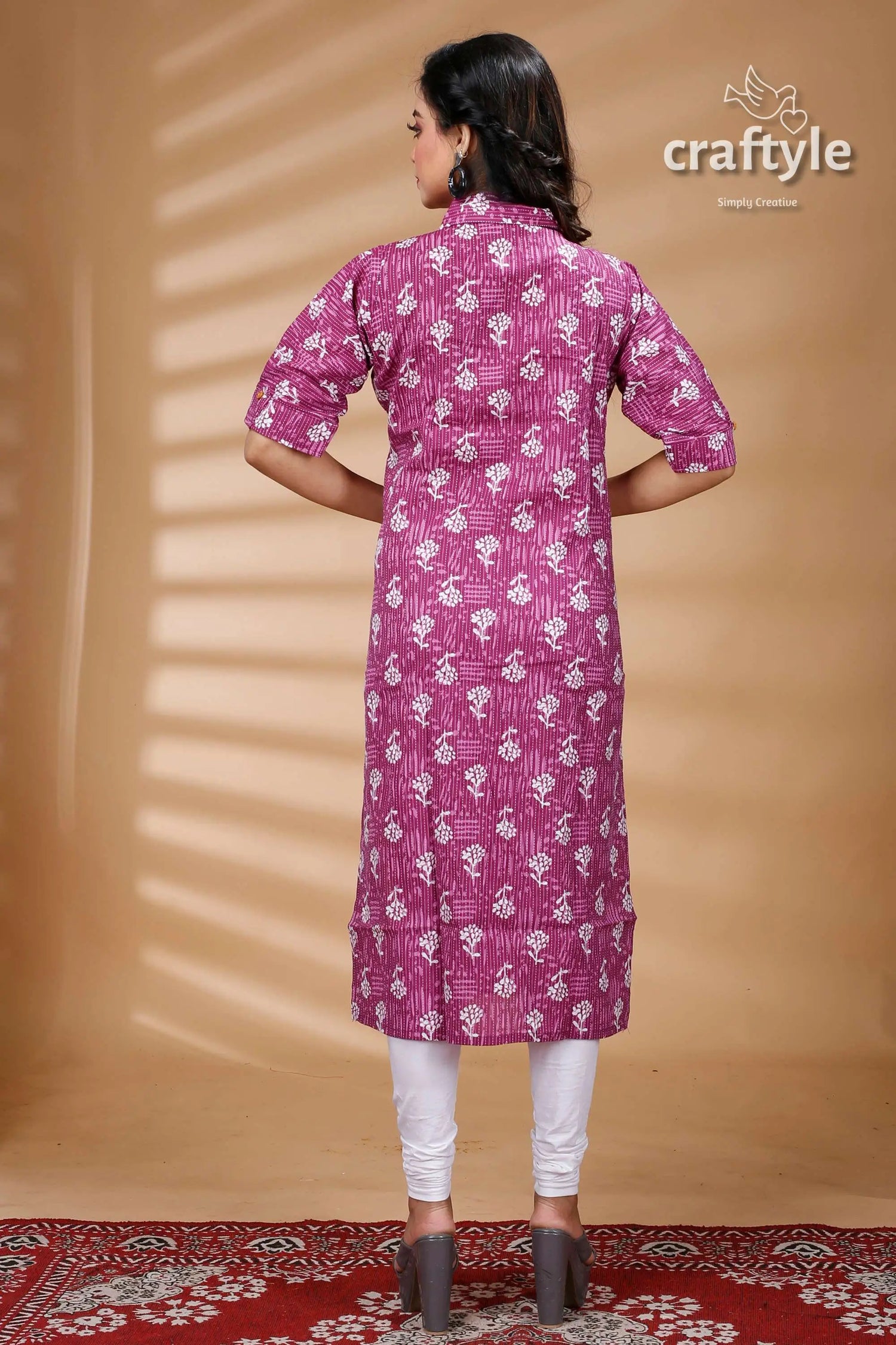 Mauve pure cotton ajrakh printed kurti for women magenta floral-patterned kurta 5