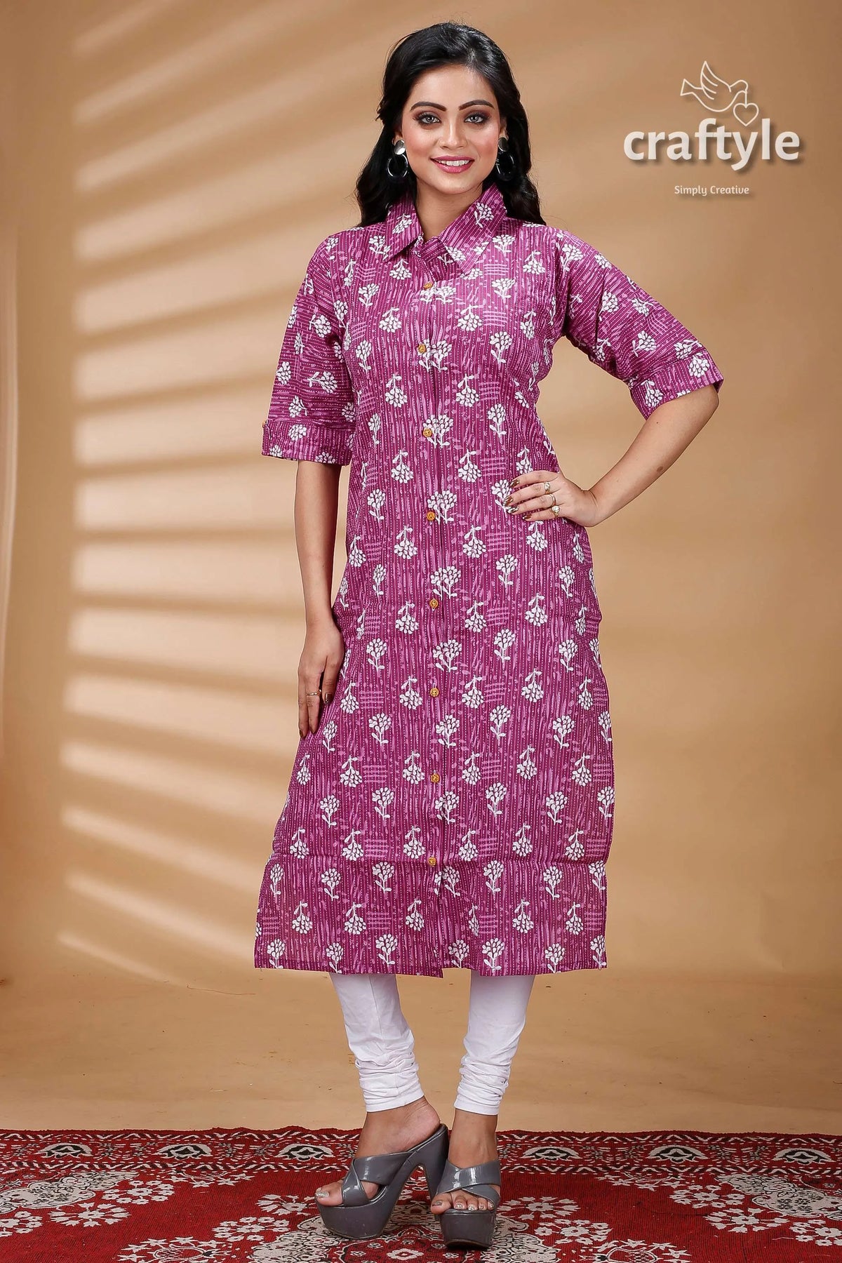 Mauve pure cotton ajrakh printed kurti for women woman’s purple floral print kurta 1