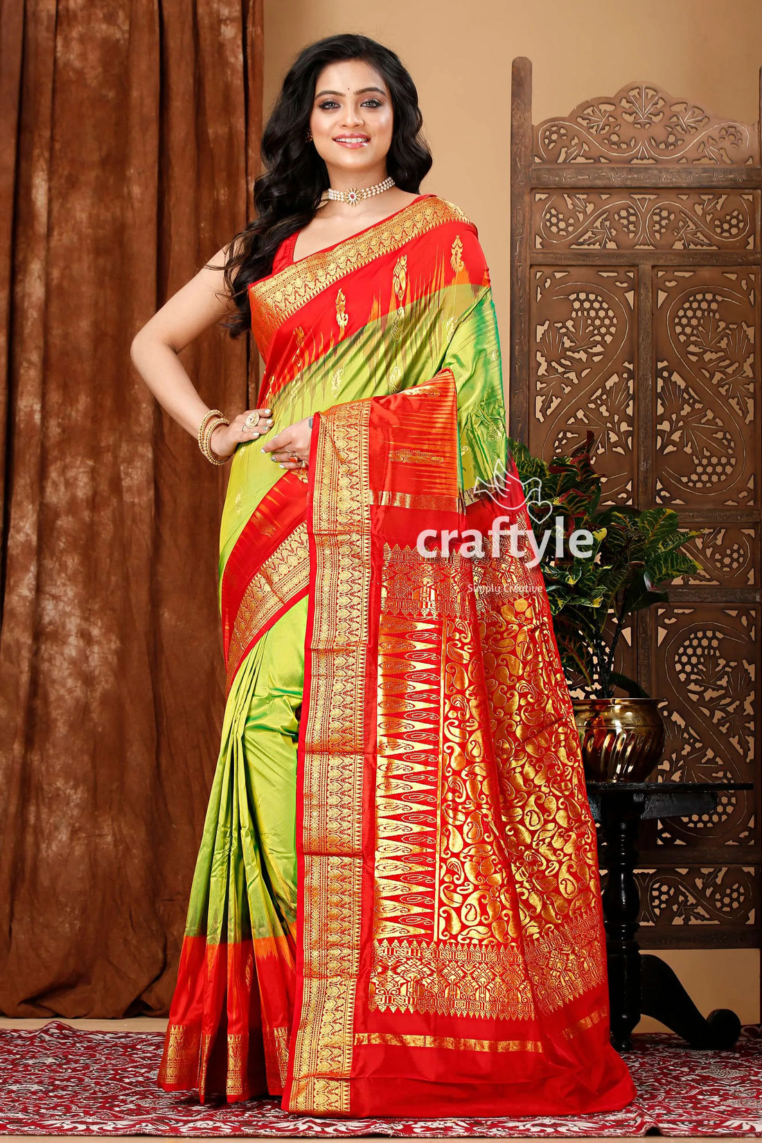 May green and red kanjivaram silk saree woman 1