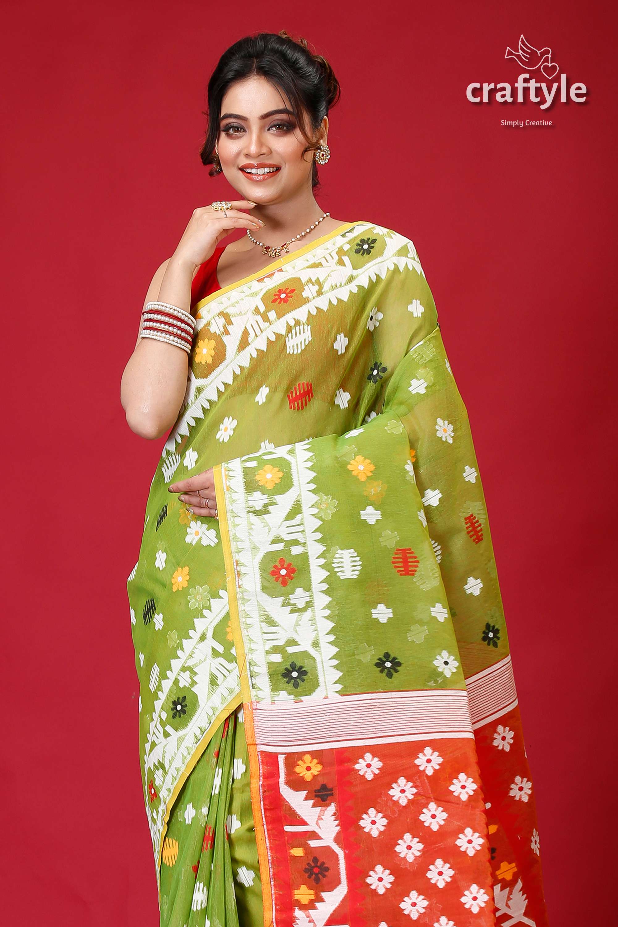 May Green Intricate Jamdani Saree-Craftyle