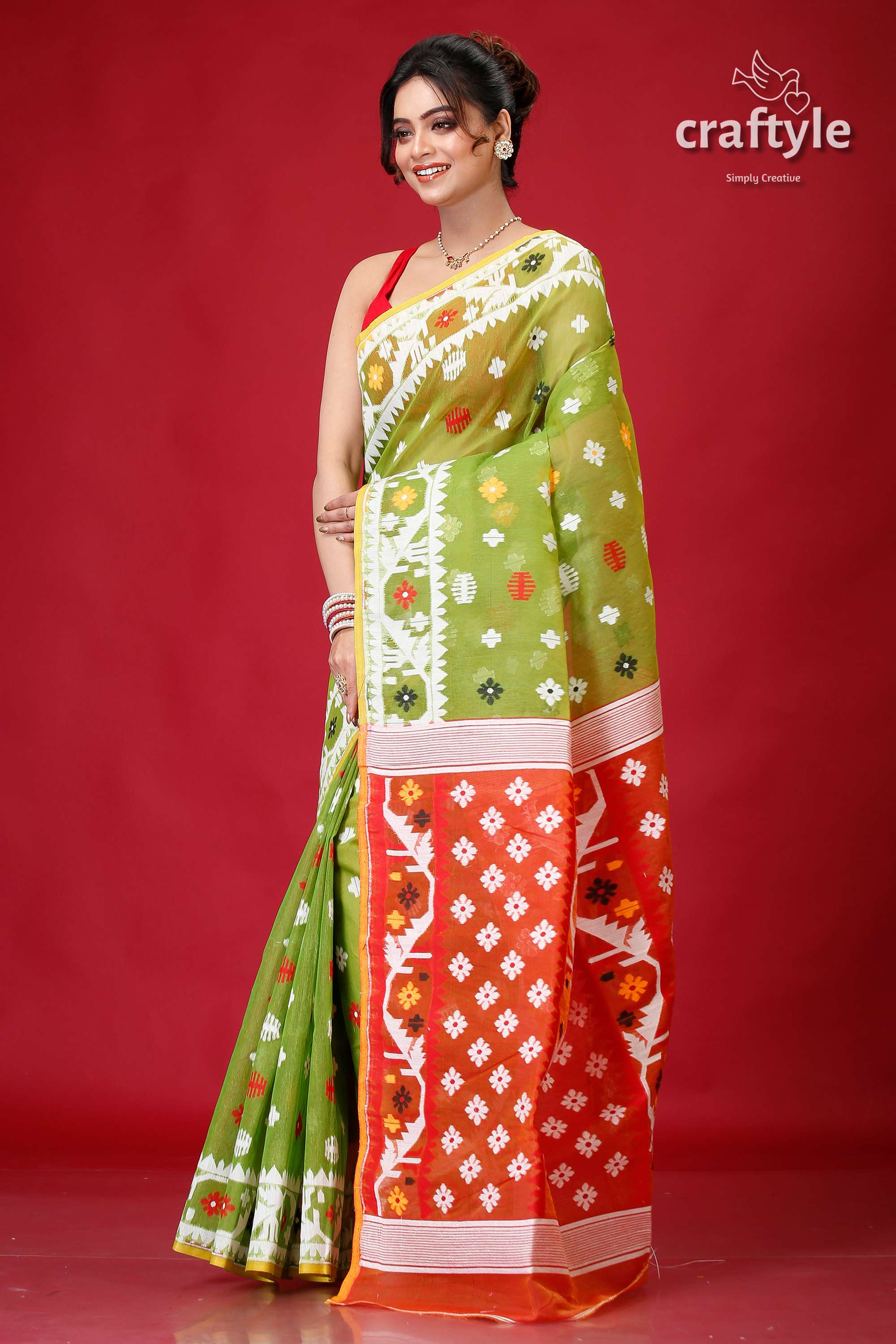 May Green Intricate Jamdani Saree-Craftyle