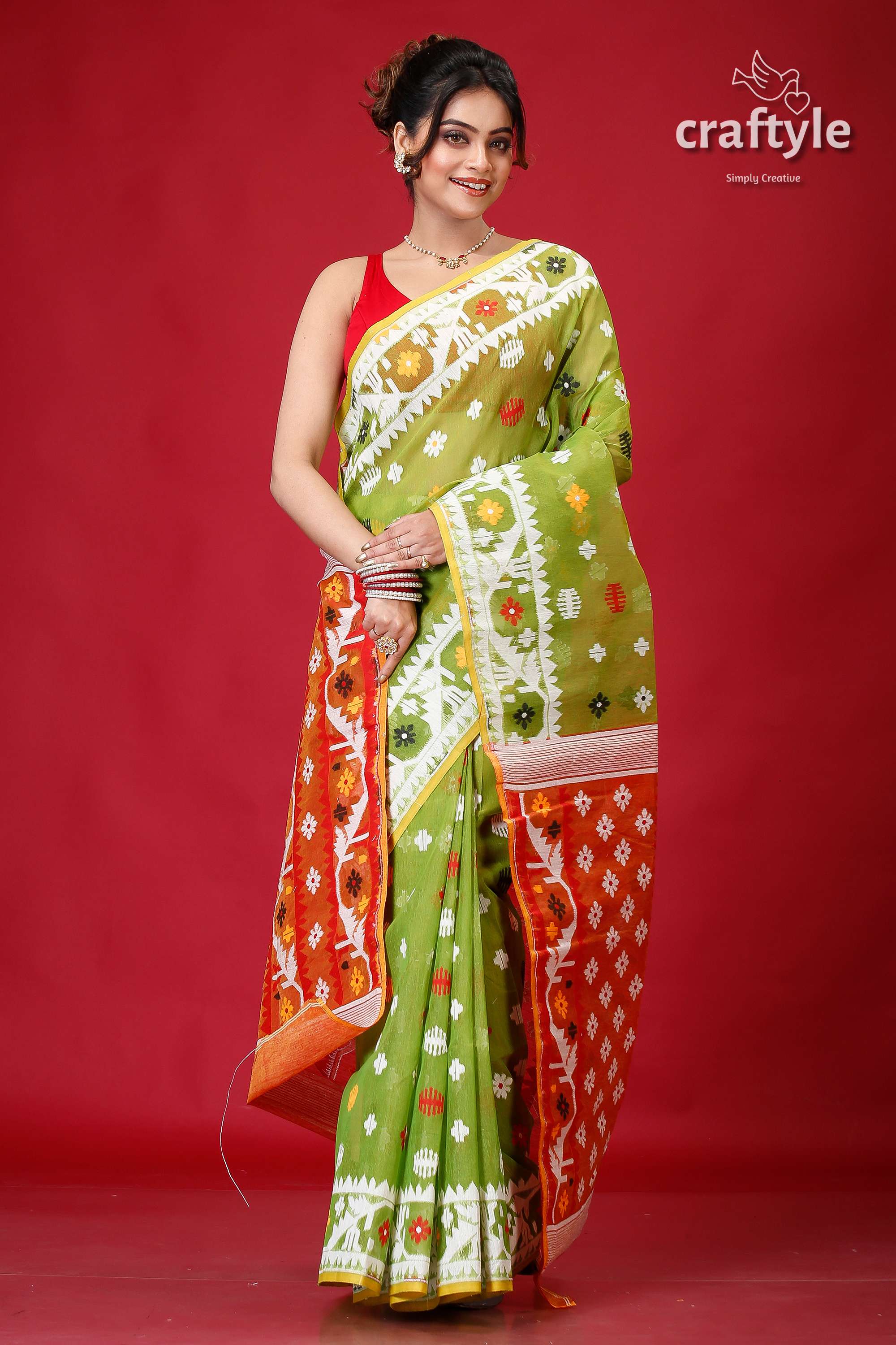 May Green Intricate Jamdani Saree-Craftyle