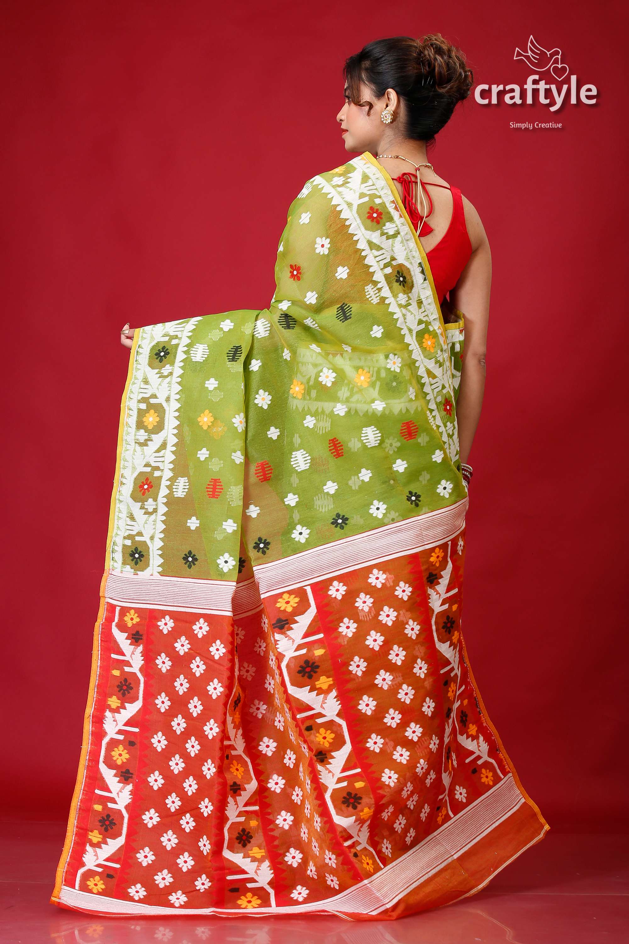 May Green Intricate Jamdani Saree-Craftyle