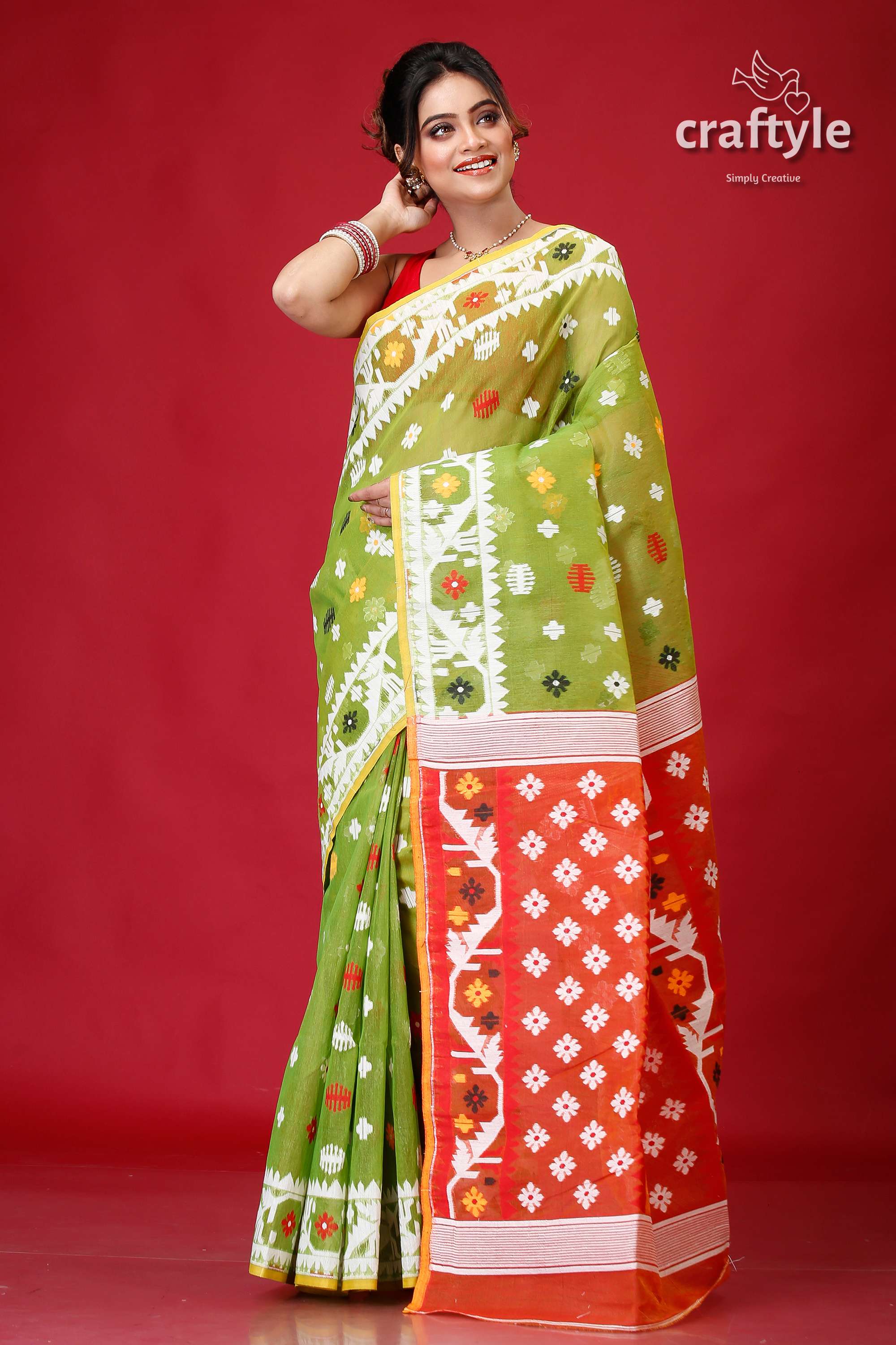 May Green Intricate Jamdani Saree-Craftyle