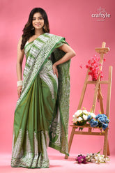 May green white thread work silk kantha stitch saree model green white patterned saree 3
