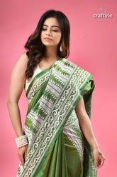 May green white thread work silk kantha stitch saree woman green white patterned silk 2