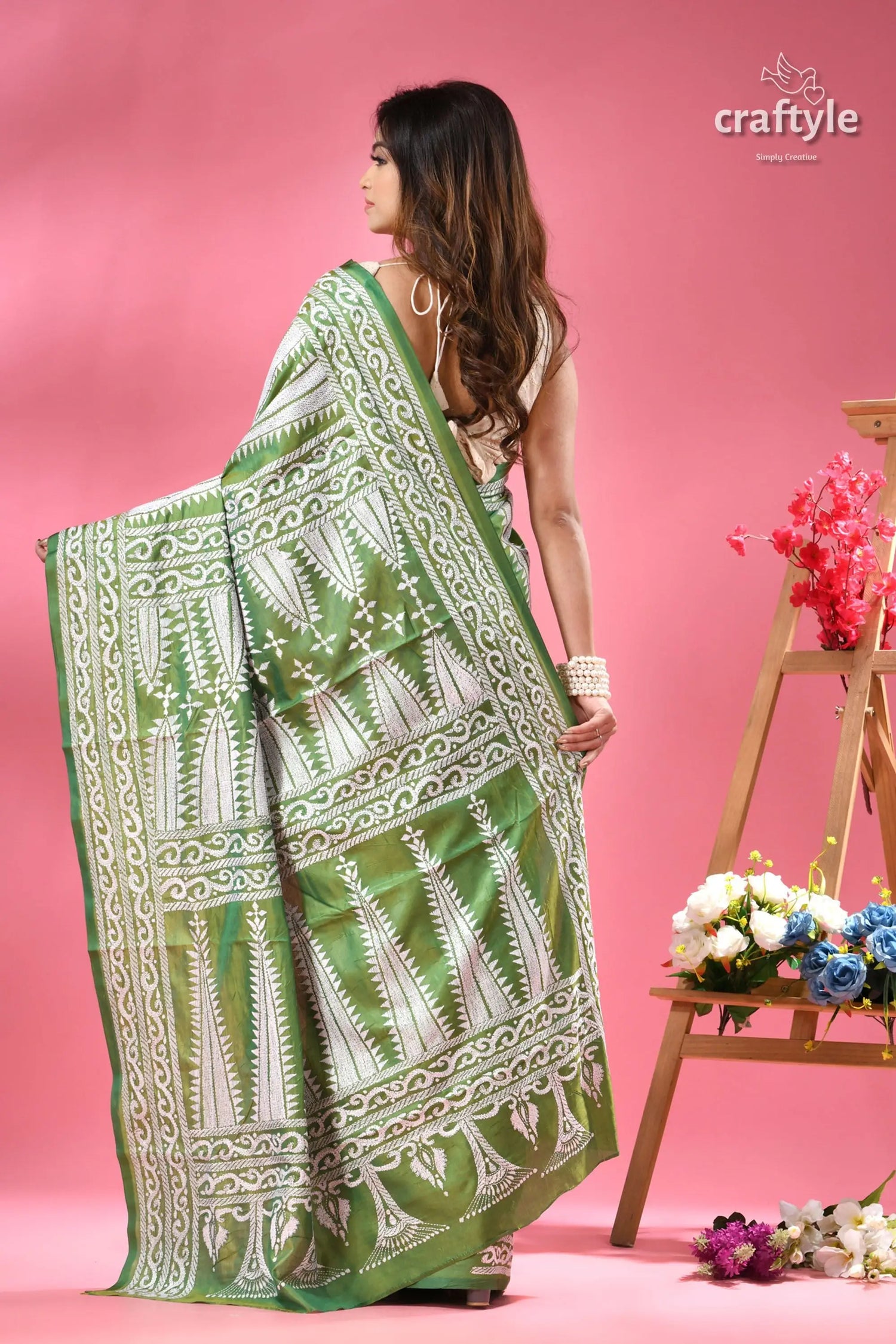 May green white thread work silk kantha stitch saree woman green white batik print 5