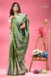 May green white thread work silk kantha stitch saree woman green white patterned saree 4