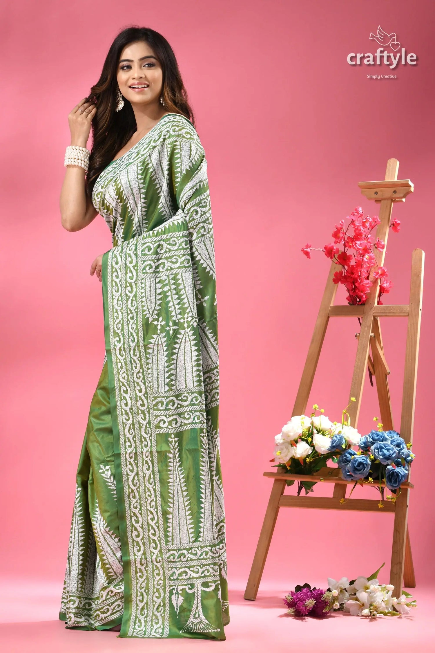 May green white thread work silk kantha stitch saree woman green white patterned saree 6