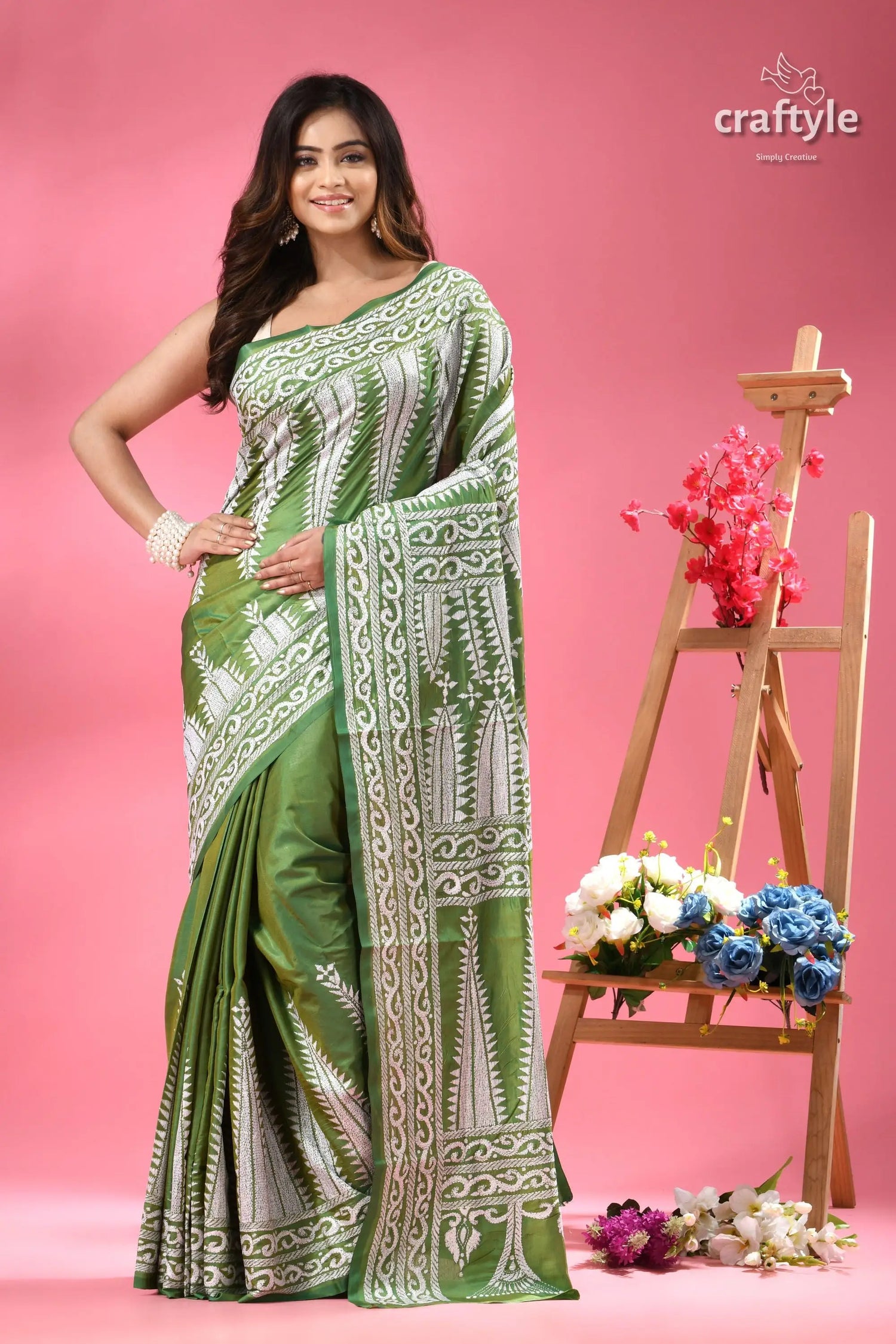 May green white thread work silk kantha stitch saree woman’s green silk saree white 7