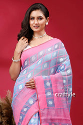 Maya blue and pink intricate jamdani saree pink blue patterned saree 2