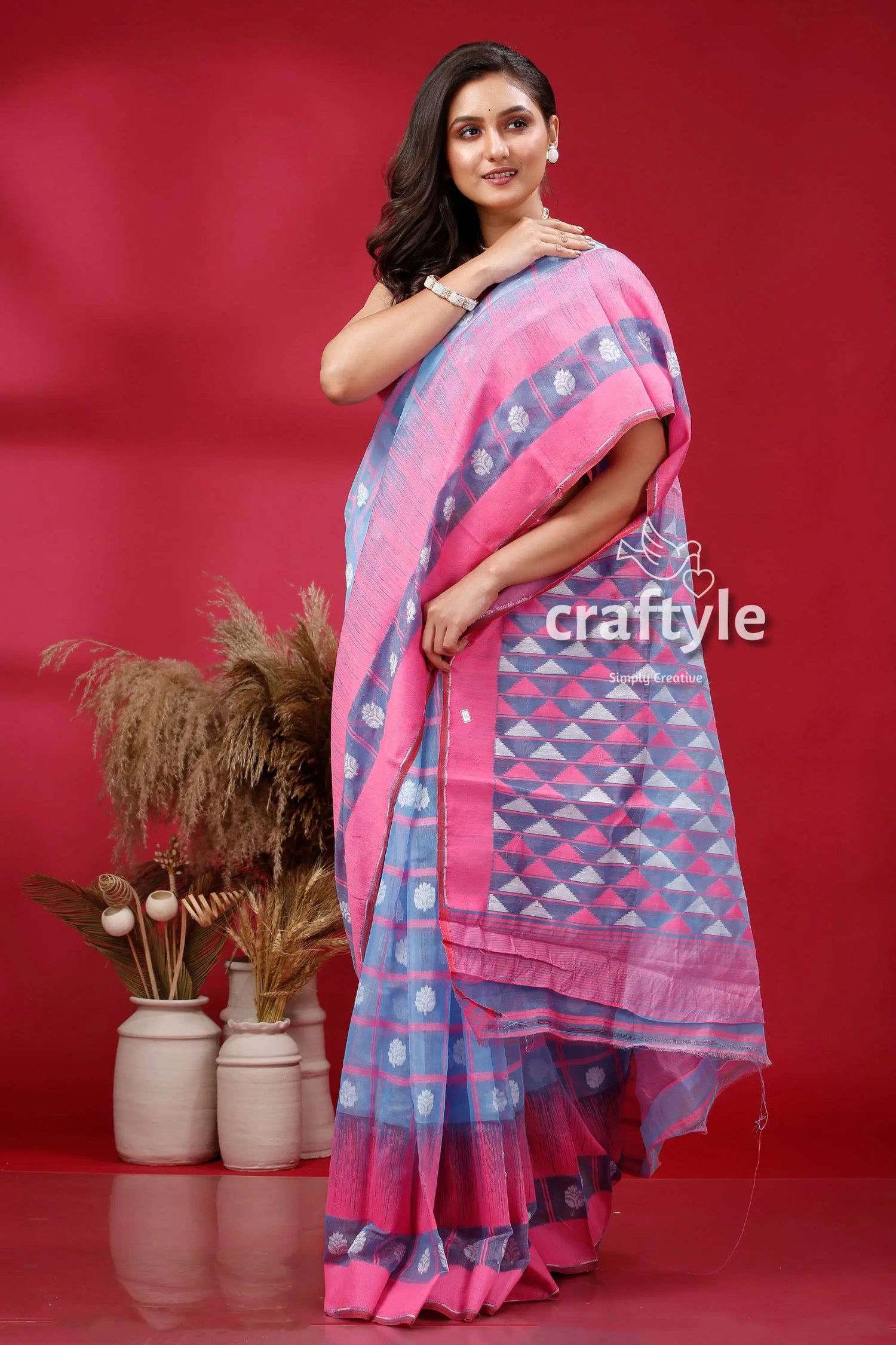 Maya blue and pink intricate jamdani saree pink blue patterned saree 4
