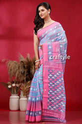 Maya blue and pink intricate jamdani saree pink blue patterned saree 3