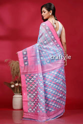 Maya blue and pink intricate jamdani saree pink blue patterned saree 5