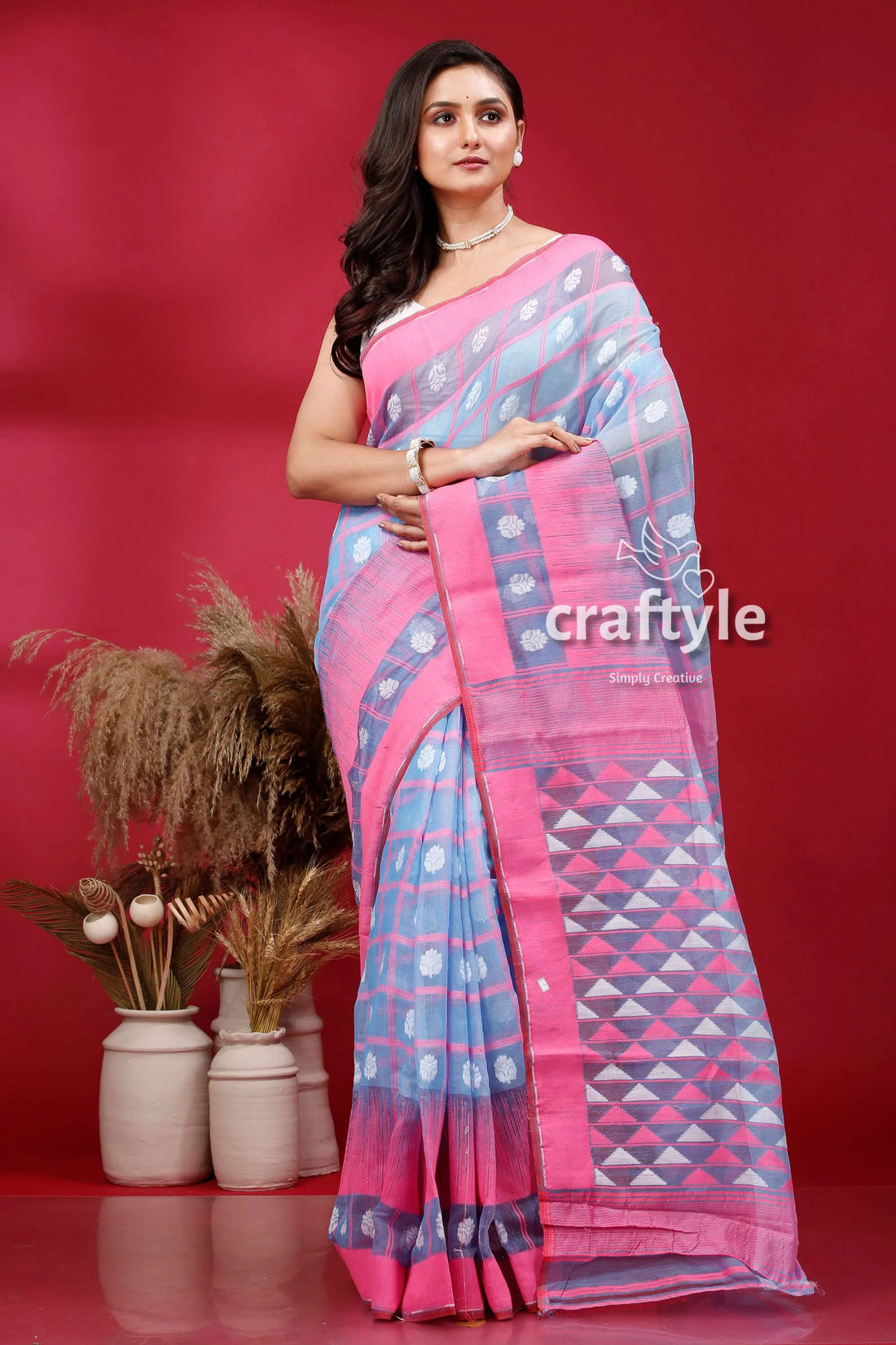 Maya blue and pink intricate jamdani saree patterned 1