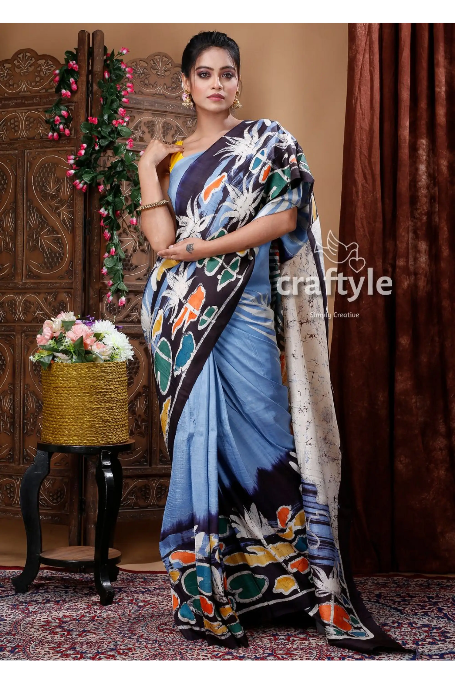 Maya blue handcrafted batik mulberry pure silk saree woman blue patterned saree 3