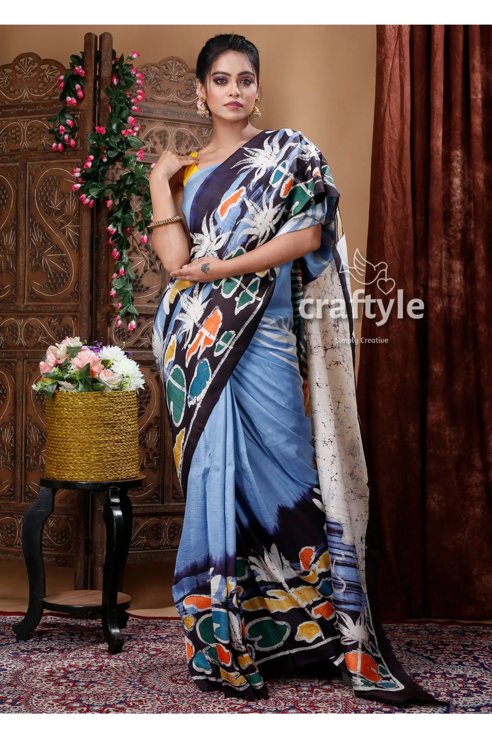 Maya blue handcrafted batik mulberry pure silk saree woman blue patterned saree 3