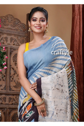 Maya blue handcrafted batik mulberry pure silk saree woman blue white patterned saree 2