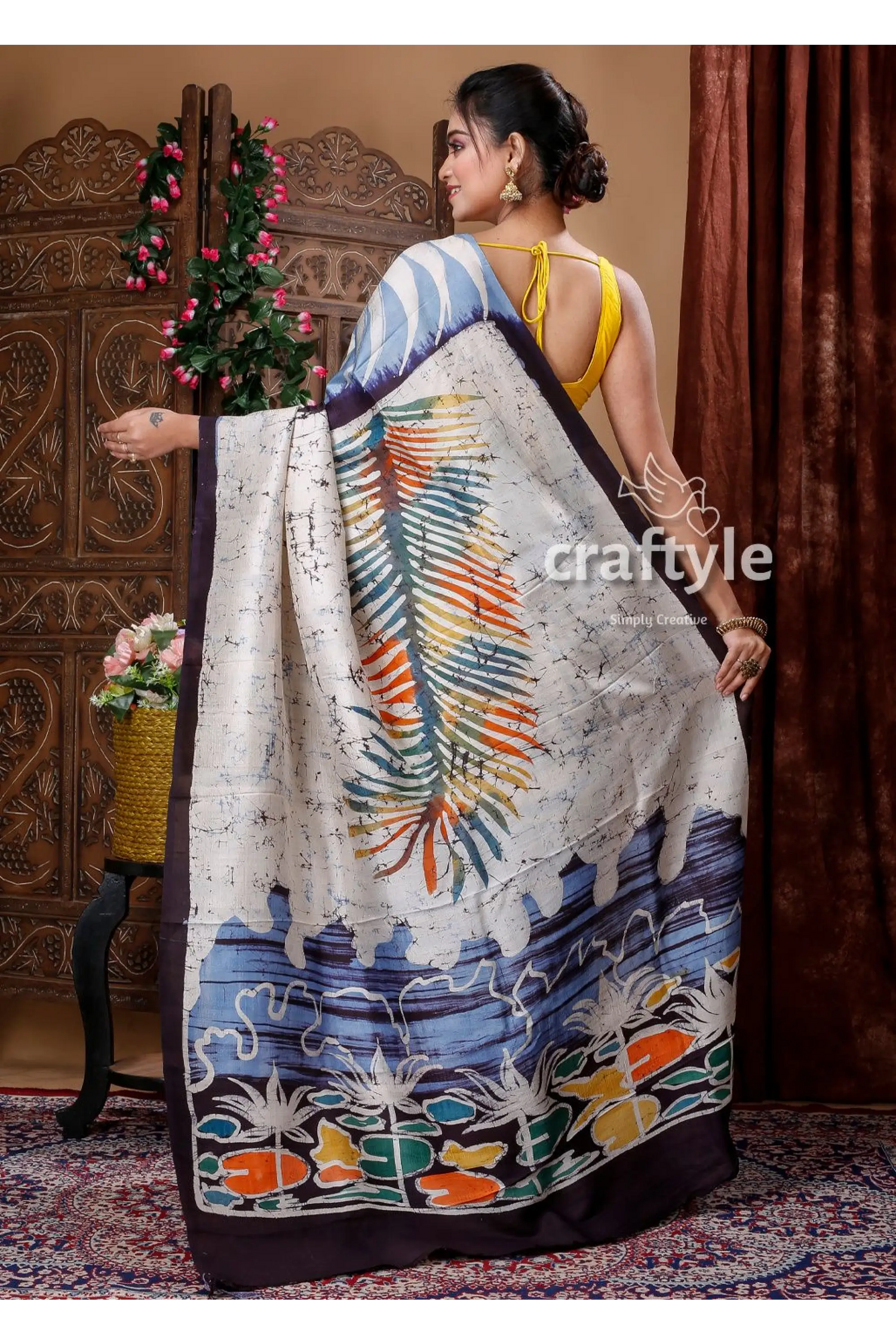Maya blue handcrafted batik mulberry pure silk saree batik-patterned saree 5