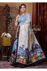 Maya blue handcrafted batik mulberry pure silk saree woman blue patterned saree 4