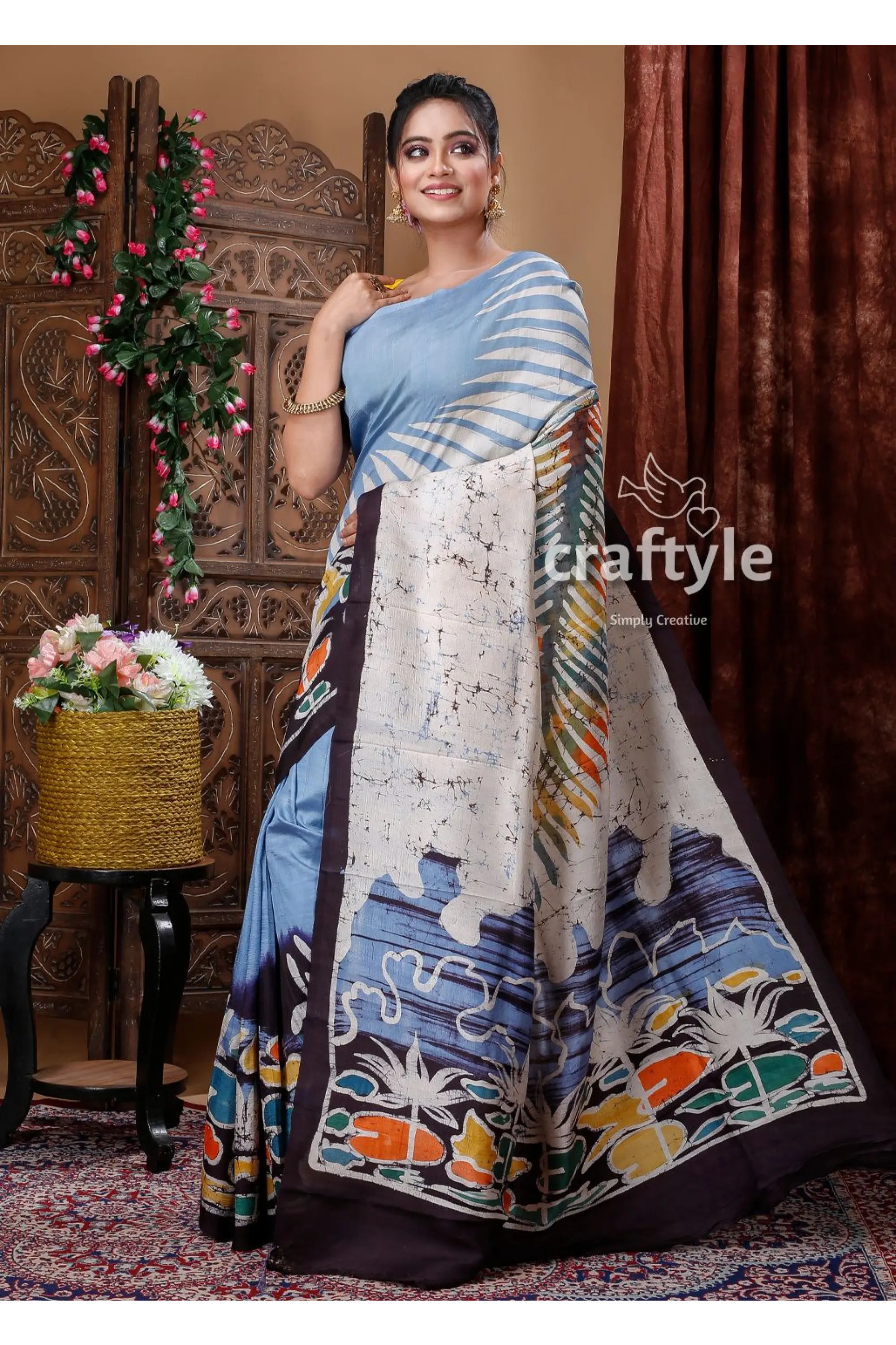 Maya blue handcrafted batik mulberry pure silk saree woman blue patterned saree 4