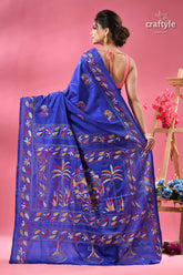 Medium blue elephant design silk kantha stitch saree royal blue silk saree intricate 4