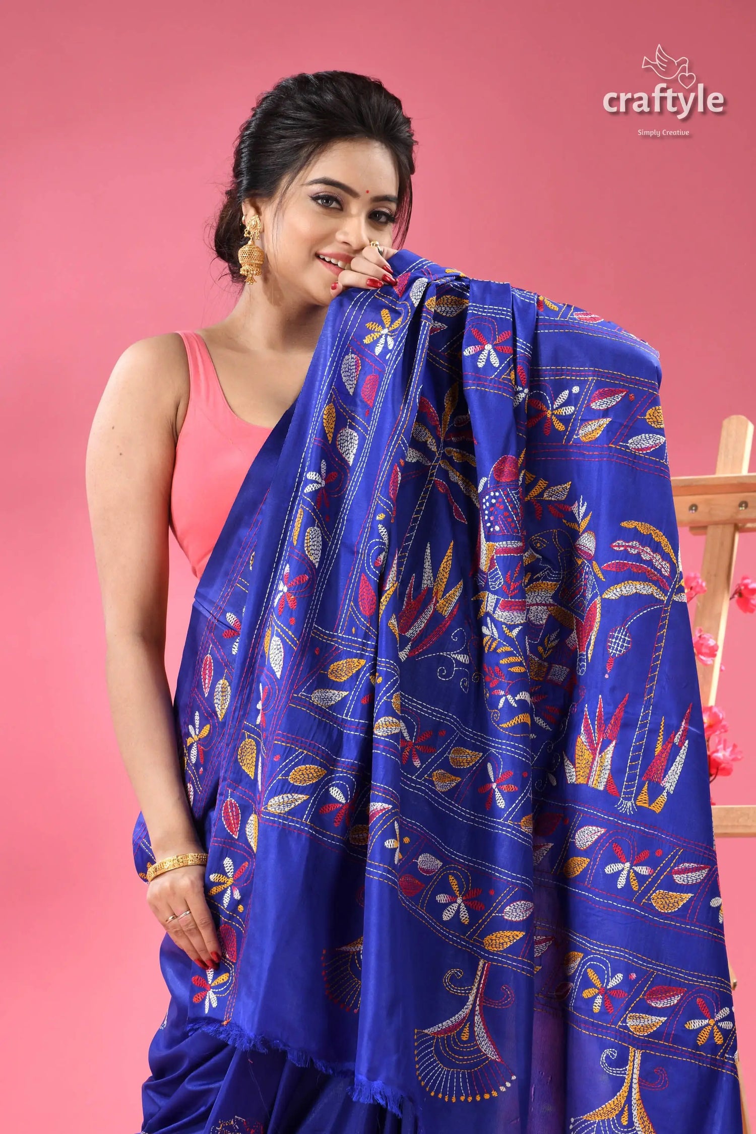 Medium blue elephant design silk kantha stitch saree vibrant blue saree intricate colorful 2