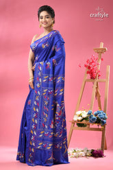 Medium blue elephant design silk kantha stitch saree woman royal blue embroidered sari 3