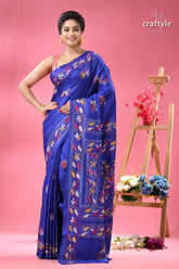 Medium blue elephant design silk kantha stitch saree woman vibrant blue silk saree 1