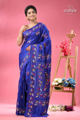 Medium blue elephant design silk kantha stitch saree woman blue silk saree colorful 6