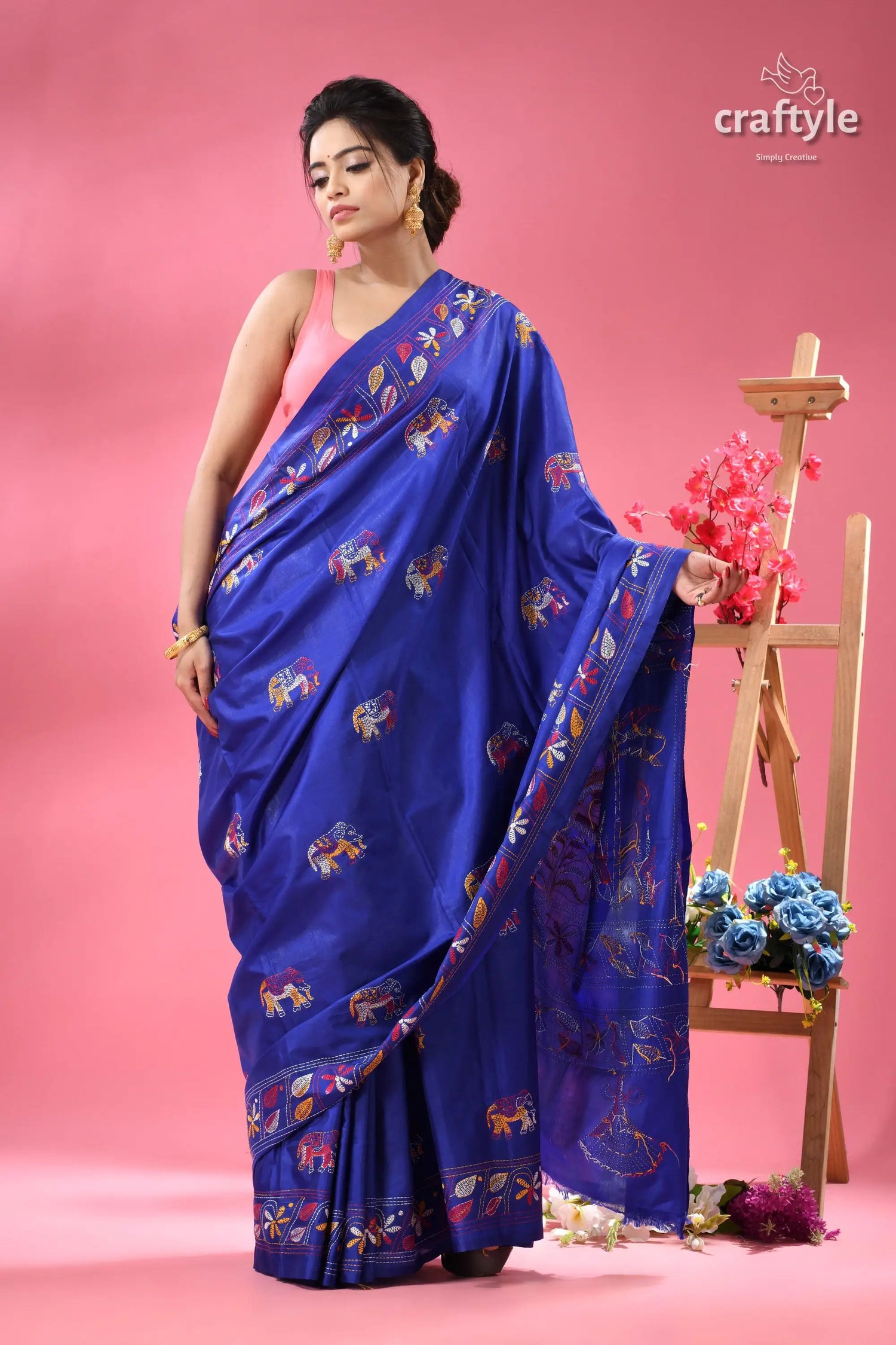 Medium blue elephant design silk kantha stitch saree royal blue silk saree colorful 5