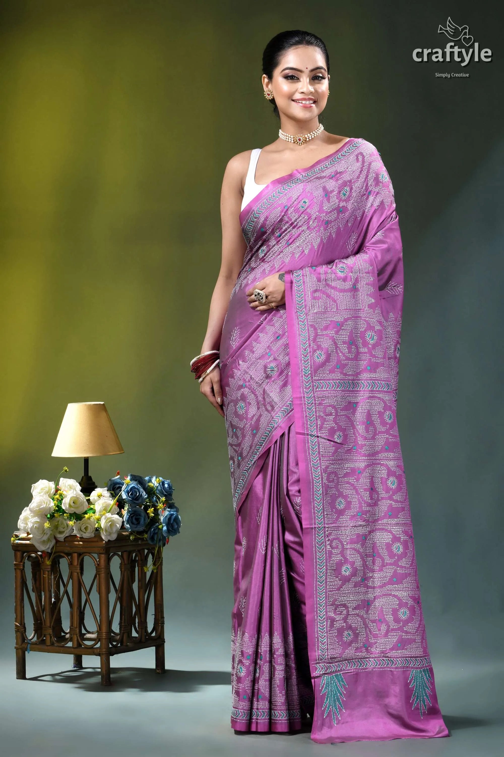 Medium orchid jamdani pattern handmade silk kantha saree woman wears vibrant purple silk 7