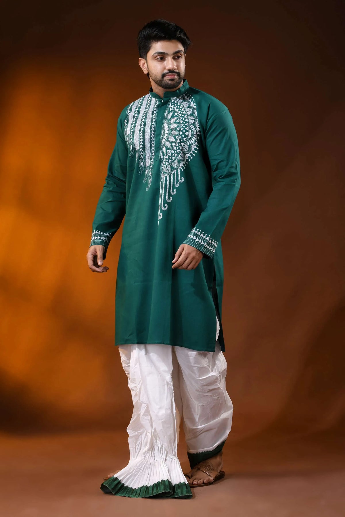 Men’s cotton kantha work panjabi with handcrafted white mandala - teal green 3