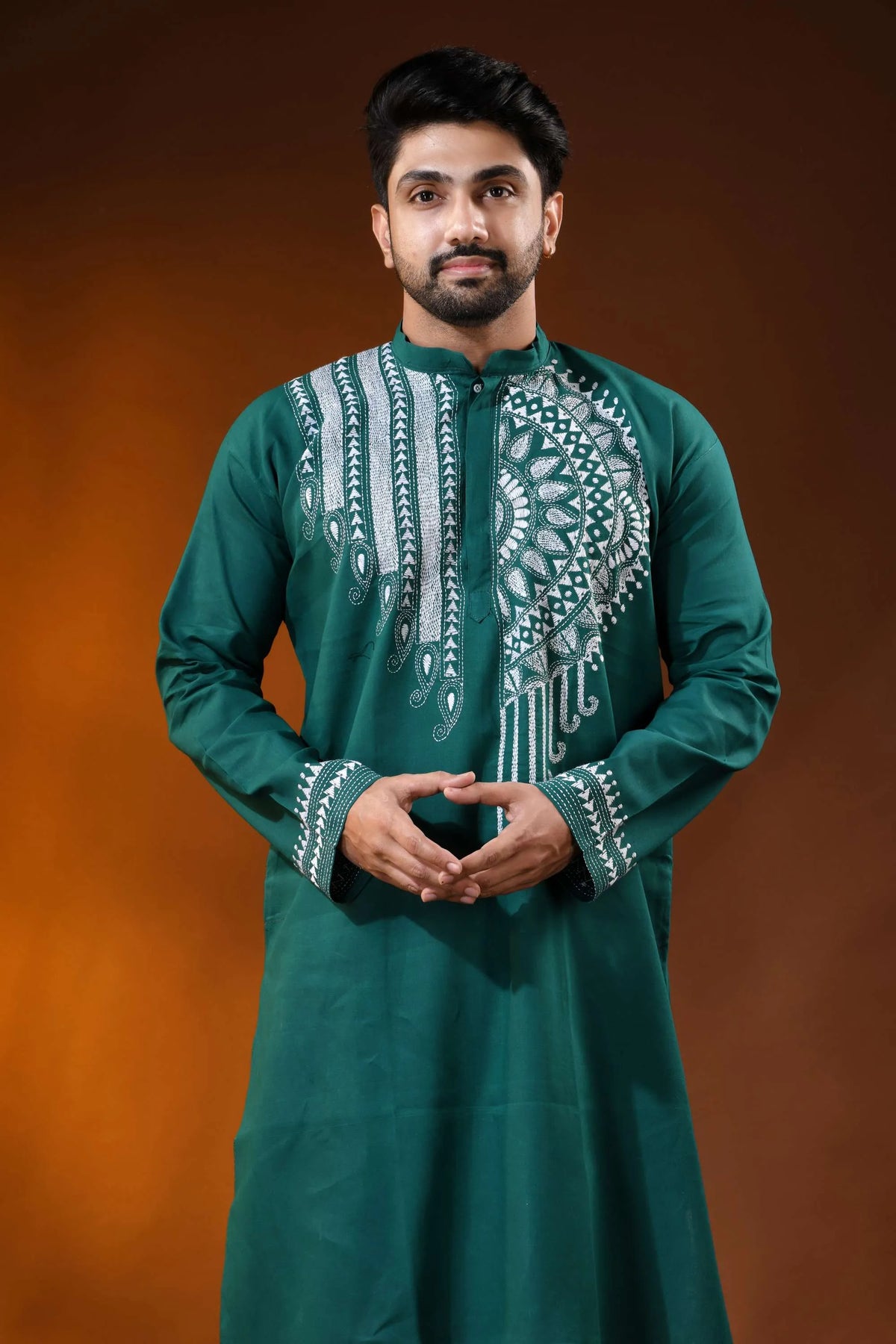 Men’s cotton kantha work panjabi with handcrafted white mandala - teal green 2